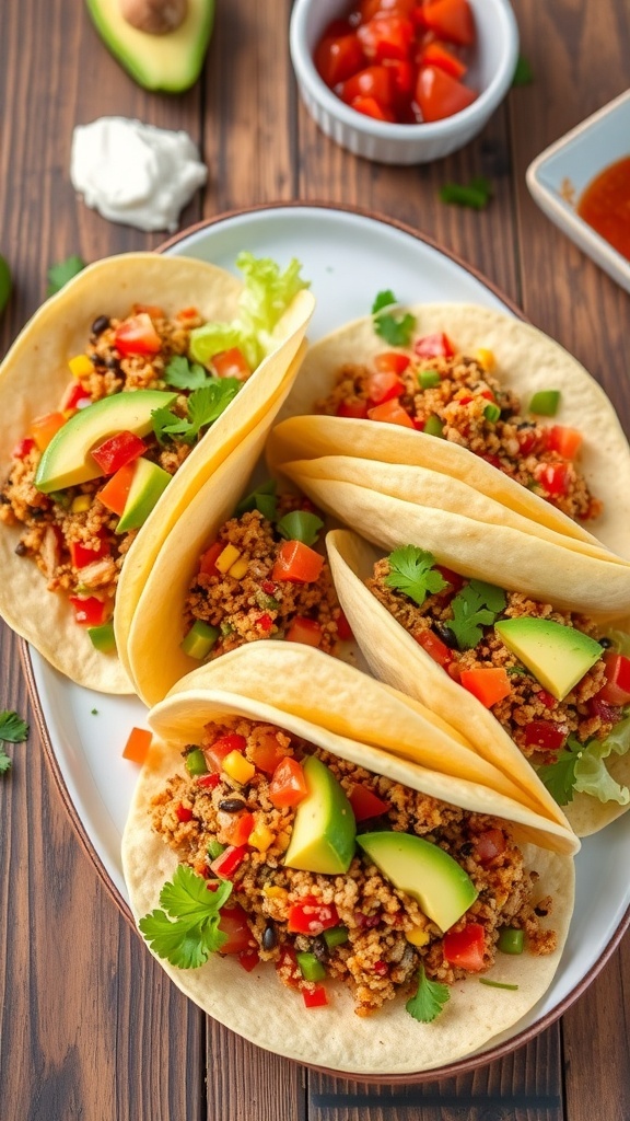 Quinoa chicken tacos filled with seasoned chicken and quinoa, topped with lettuce, tomatoes, and avocado, served with salsa and sour cream.